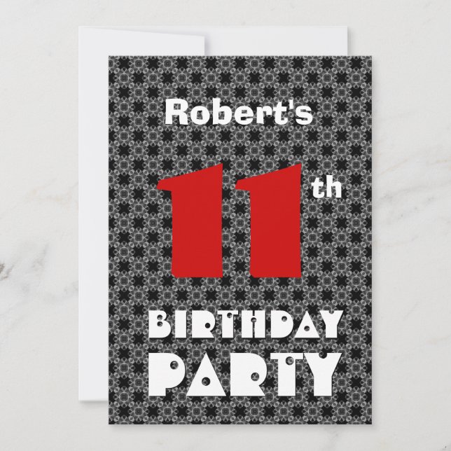 Convite 11 Birthday Modern Teen Black and White Standard (Frente)