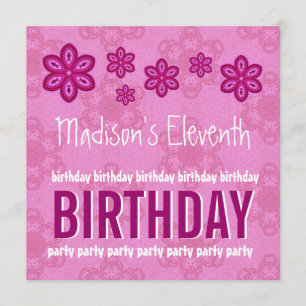 Convite 11 Birthday Pink Flowers Girl - Nome Personalizado