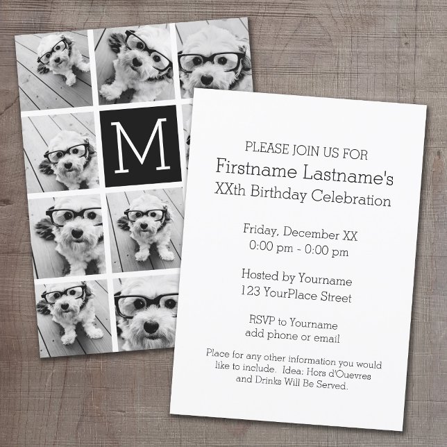 Convite 11 Colagem de Fotos em Grid com Monograma (Photo Collage Birthday Party Invitation)