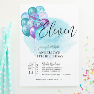 Convite 11 de Aniversário para Balões Roxos Teais