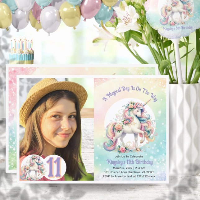 Convite 11 Décima Primeira Festa de aniversário de Fotogra (11th Eleventh Unicorn Birthday Party Party Rainbow Invitation)