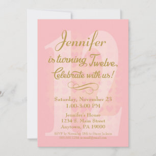Convite 12 Aniversário Chamando Meninas Corações Dourad