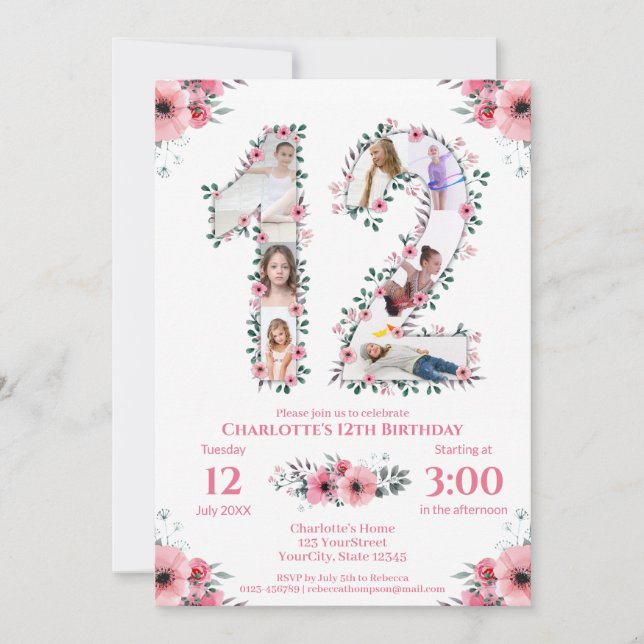 Convite 12 Birthday Girl Foto Collage Pink Flower White (Frente)