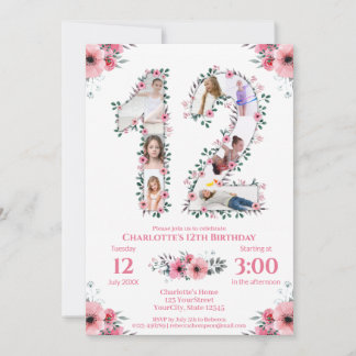 Convite 12 Birthday Girl Foto Collage Pink Flower White