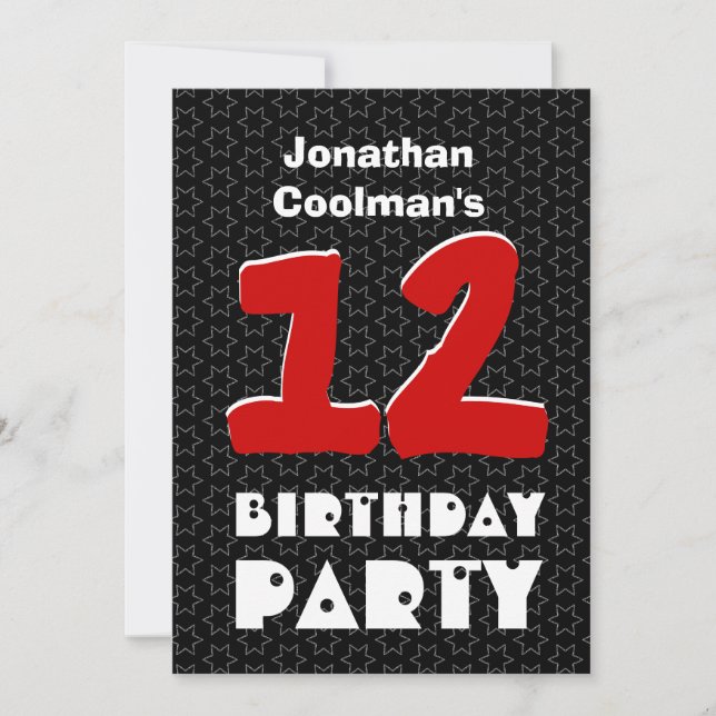 Convite 12 Birthday Modern Teen Black White Stars W03AC (Frente)