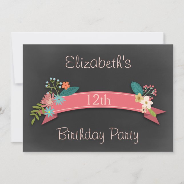 Convite 12 Birthday Pink Banner Flowers Chalkboard (Frente)