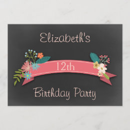 Convite 12 Birthday Pink Banner Flowers Chalkboard