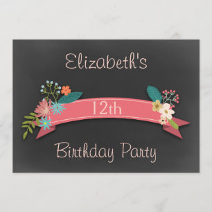 Convite 12 Birthday Pink Banner Flowers Chalkboard