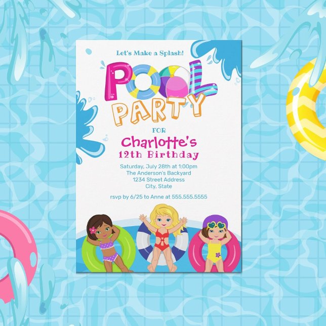 Convite 12 de Festa de Piscina de Meninas Aniversário (Criador carregado)