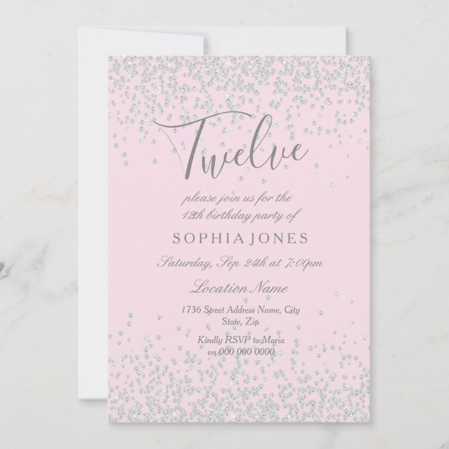 Convite 12 Festa de aniversário das Garotas Rosa Glitter S (Frente)