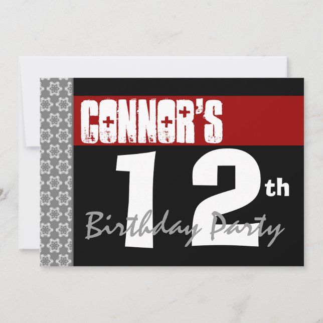 Convite 12 Festa de aniversário Vermelho Moderno Preto e B (Frente)