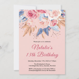Convite 13 Aniversário Aquarela Cor Botânica Rosa Rosa Flo