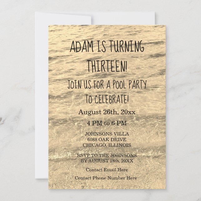 Convite 13 Aniversário da Idade Personalizada Nome da Água (Frente)
