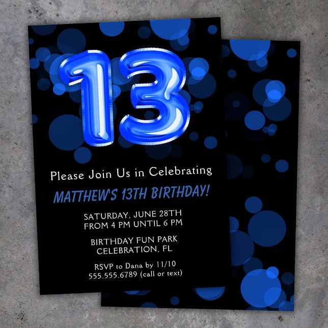 Convite 13 Birthday Balloons Kids Blue Boy Party (Criador carregado)