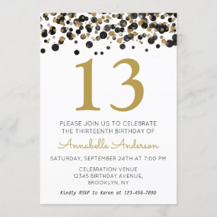 Convite 13 Birthday Black Glitter Sparkle Confetti
