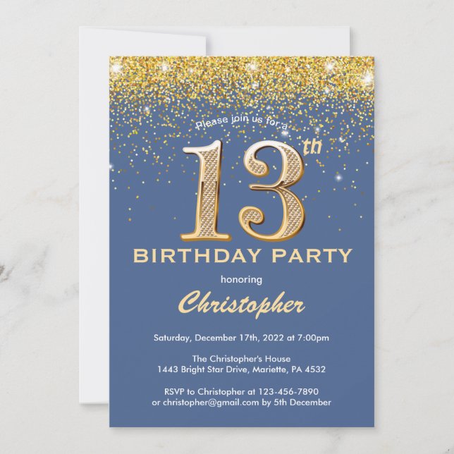 Convite 13 Birthday Blue e Dourada Glitter Confetti (Frente)