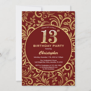 Convite 13 Birthday Burgundy Red e Dourado Padrão Floral