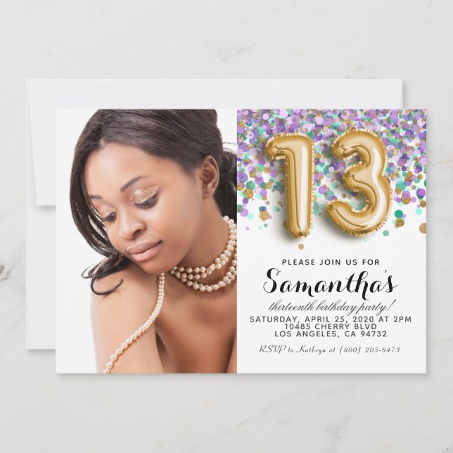 Convite 13 Birthday Confetti Dourado Retrato (Frente)