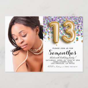 Convite 13 Birthday Confetti Dourado Retrato