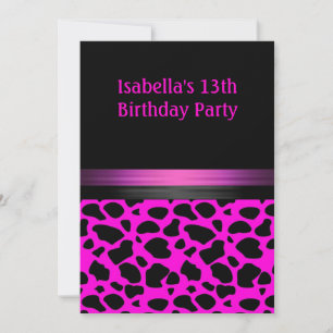 Convite 13 Birthday Fuschia Pink Black Animal Standard