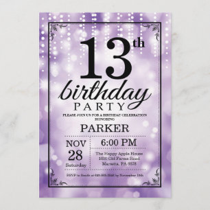 Convite 13 Birthday Invitation Purple Glitter