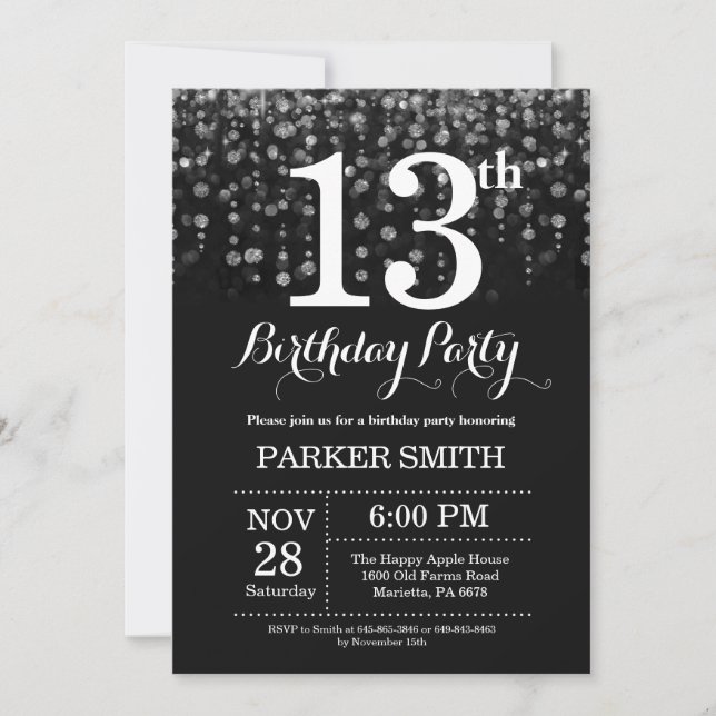 Convite 13 Birthday Invitation Silver Glitter (Frente)