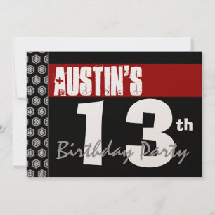 Convite 13 Birthday Modern Para Ele Preto Branco Vermelho 