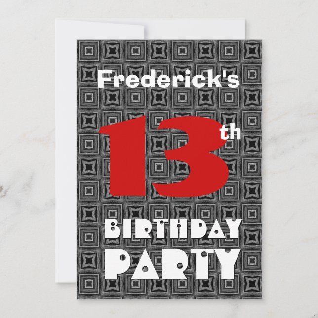 Convite 13 Birthday Modern Teen Black and White Standard (Frente)