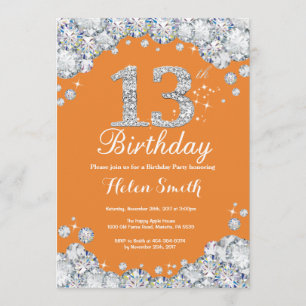 Convite 13 Birthday Orange and Silver Diamond