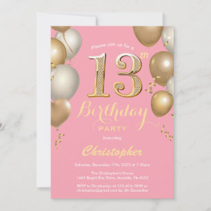 Convite 13 Birthday Pink e Dourado Balões Confetti