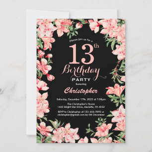 Convite 13 Birthday Pink Floral Flores Rosa Fundo Negro