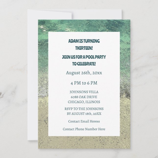 Convite 13 Birthday Piscina Party Water Abstrato Art Perso (Frente)