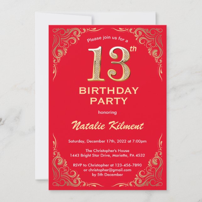 Convite 13 Birthday Red and Dourado Glitter Frame (Frente)