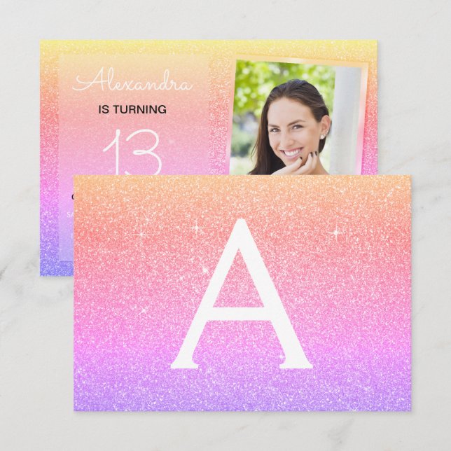 Convite 13 Birthday Sparkle Foto do Arco-Íris (Frente/Verso)