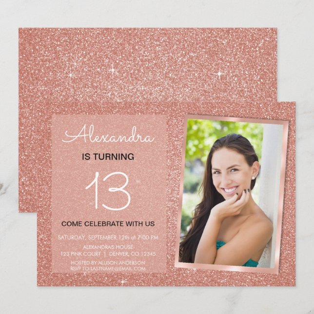 Convite 13 Birthday Sparkle Rosa Dourado Blush Foto Rosa R (Frente/Verso)