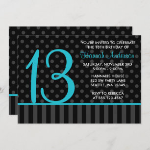 Convite 13 Birthday Teal Blue Bolinhas Strips