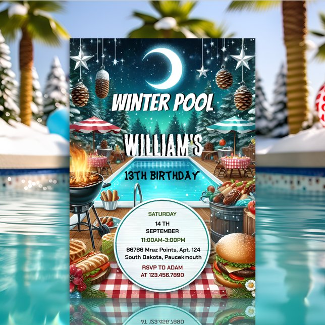 Convite 13 de aniversário da Festa de Piscina de inverno d (Criador carregado)