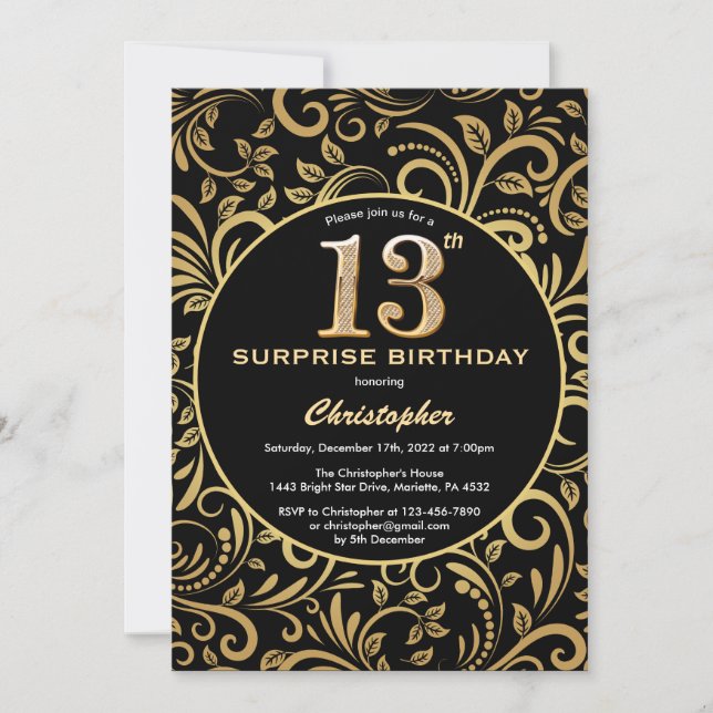 Convite 13 de Aniversário Negro e Dourado (Frente)