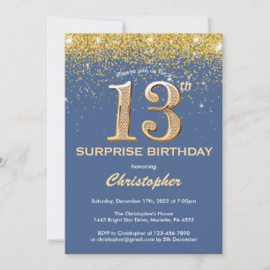 Convite 13 de Aniversário Surpresa Azul e Glitter Dourado