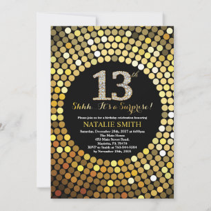 Convite 13 de Aniversário Surpresa Preto e Dourado Brilha