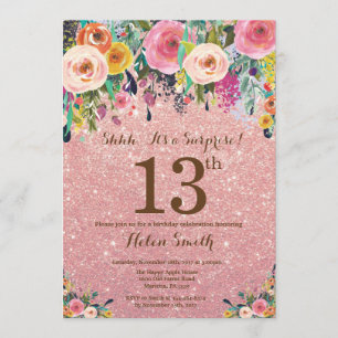 Convite 13 de Surpresa Floral com rosa Dourada Glitter Ani