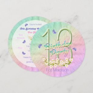 Convite 13 Festa de aniversário Arco-Íris Borboletas Con