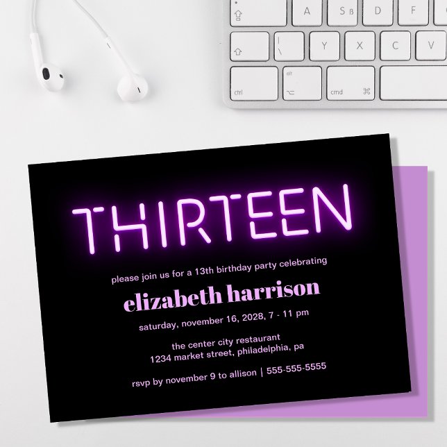 Convite 13 Festa de aniversário Luzes de neon roxas (Criador carregado)