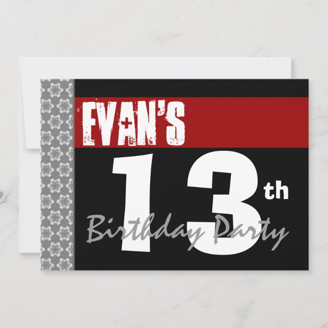 Convite 13 Festa de aniversário Vermelho Moderno Preto e B (Frente)