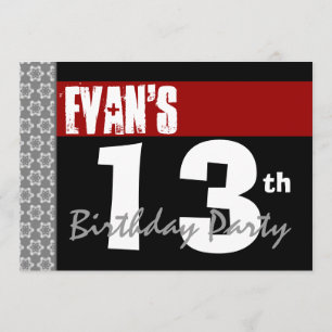 Convite 13 Festa de aniversário Vermelho Moderno Preto e B