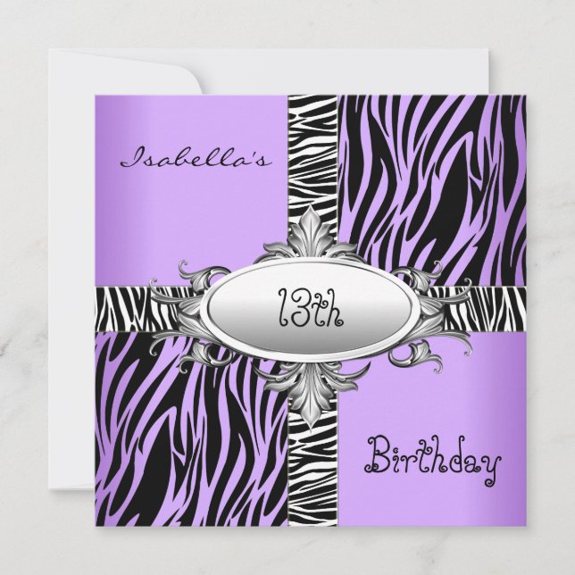 Convite 13 Teen Birthday Zebra Púrpura Selvagem Negra (Frente)