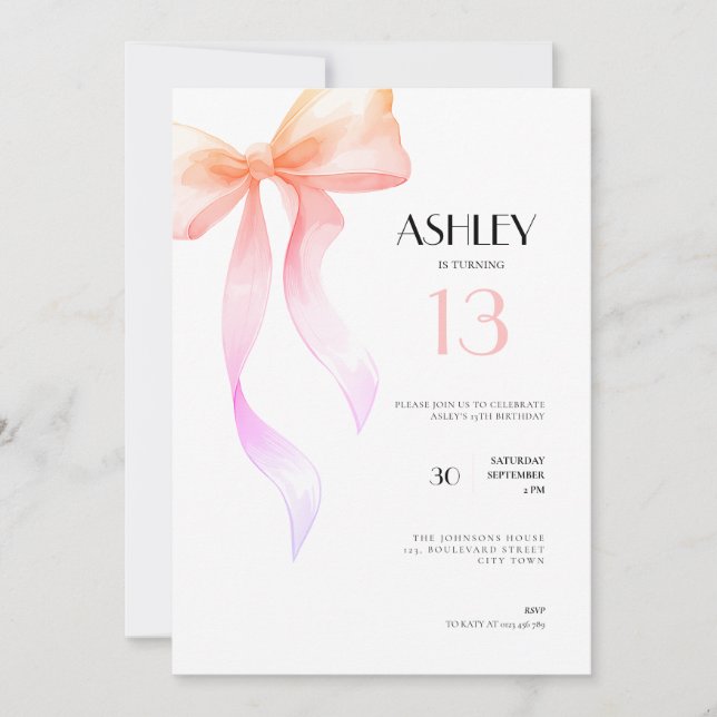 Convite 13th Birthday Invitation Pink Bow for Girls (Frente)