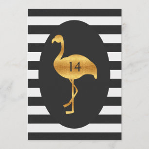 Convite 14 Aniversário Dourado Flamingo Black White Strip