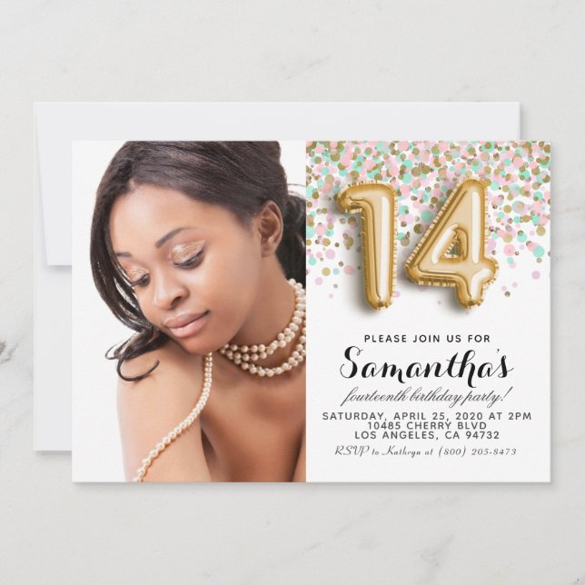 Convite 14 Birthday Confetti Dourado Retrato (Frente)