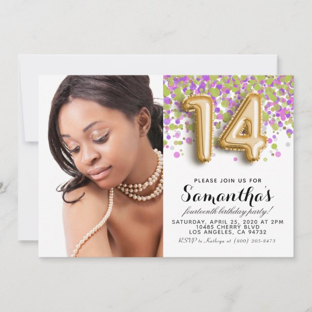 Convite 14 Birthday Confetti Dourado Retrato (Frente)